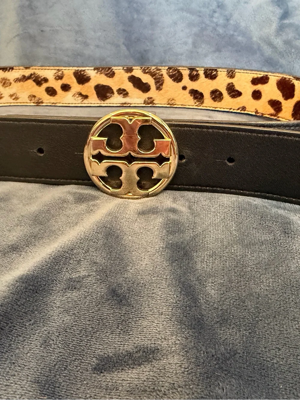 Tory Burch Leopard Print and Black reversible Logo Belt, Gold Hardware